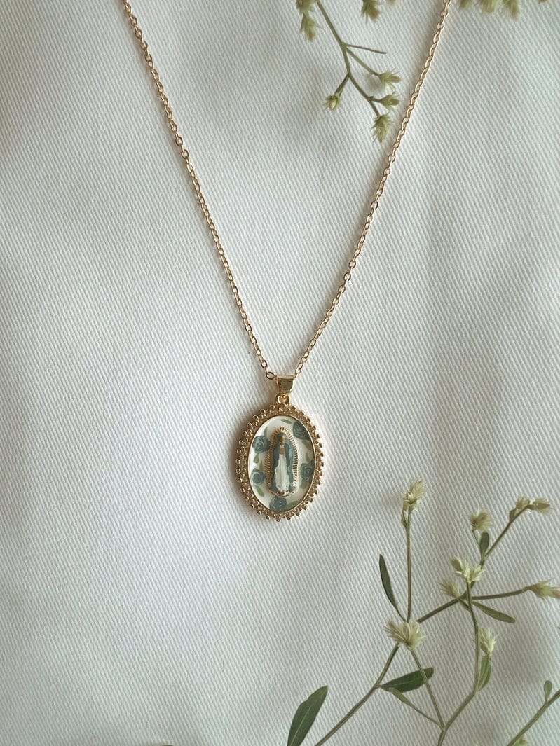 Mother Mary in Blue Roses Necklace