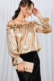 Vine & Love Ruffle Off-the-Shoulder Metallic Blouse in Gold