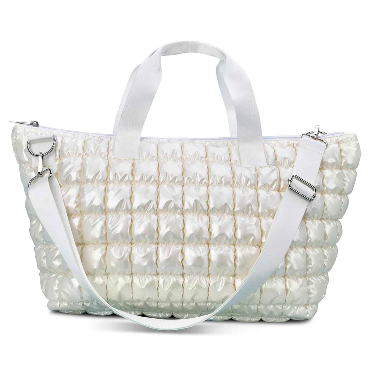 Pearl White Shiny Puffer Overnight Bag