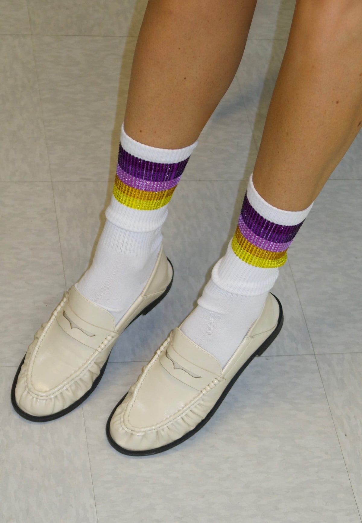Sparkle City Purple and Gold Rhinestone Crew Socks