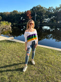 Mardi Gras Creations Mardi Gras Stripe Off Shoulder Jersey Top in Off White