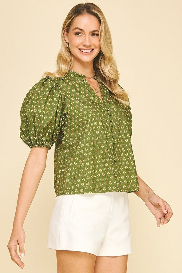 Pinch Olive Floral Print Puffed Sleeve Blouse - Little Miss Muffin Children & Home