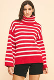 Pinch Oversized Striped Turtle Neck Sweater in Red