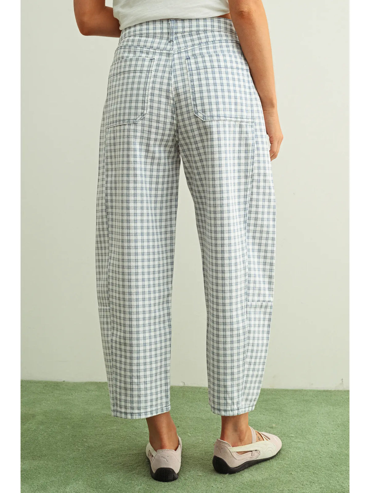 Mini Check Barrel Pants in Blue