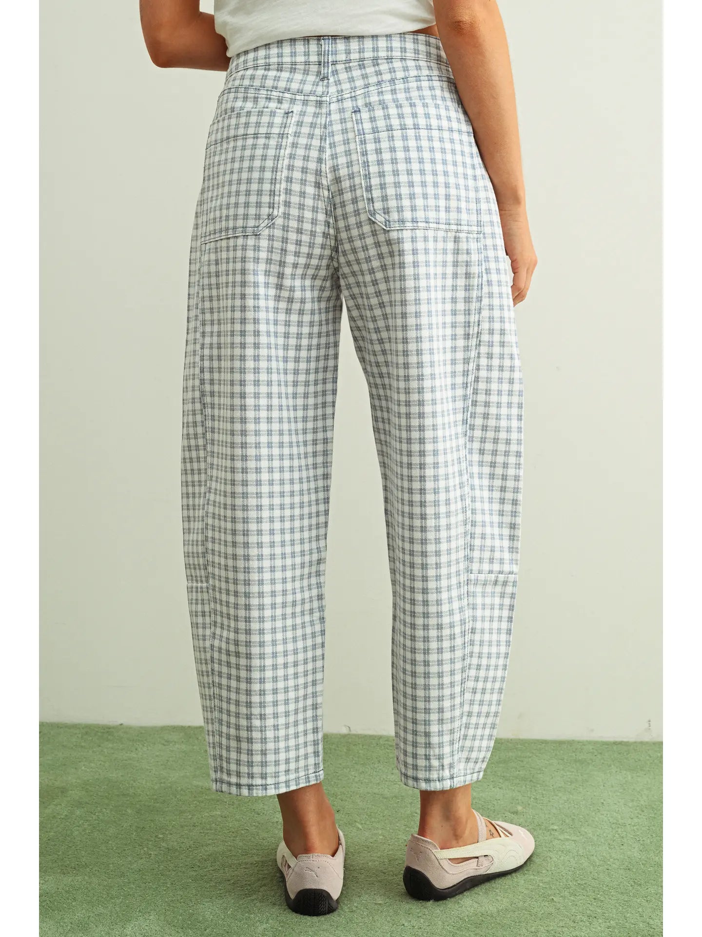 Mini Check Barrel Pants in Blue