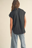 Miou Muse Button Down Cap Sleeve Shirt in Black