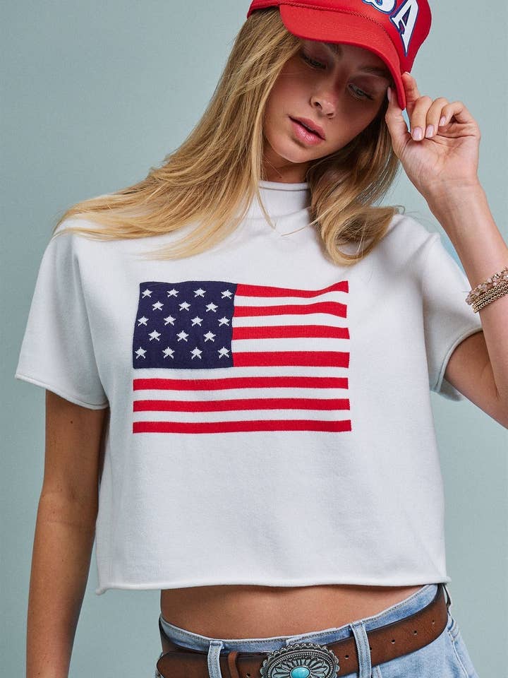 American Flag Graphic Raw Edge Crop Tee