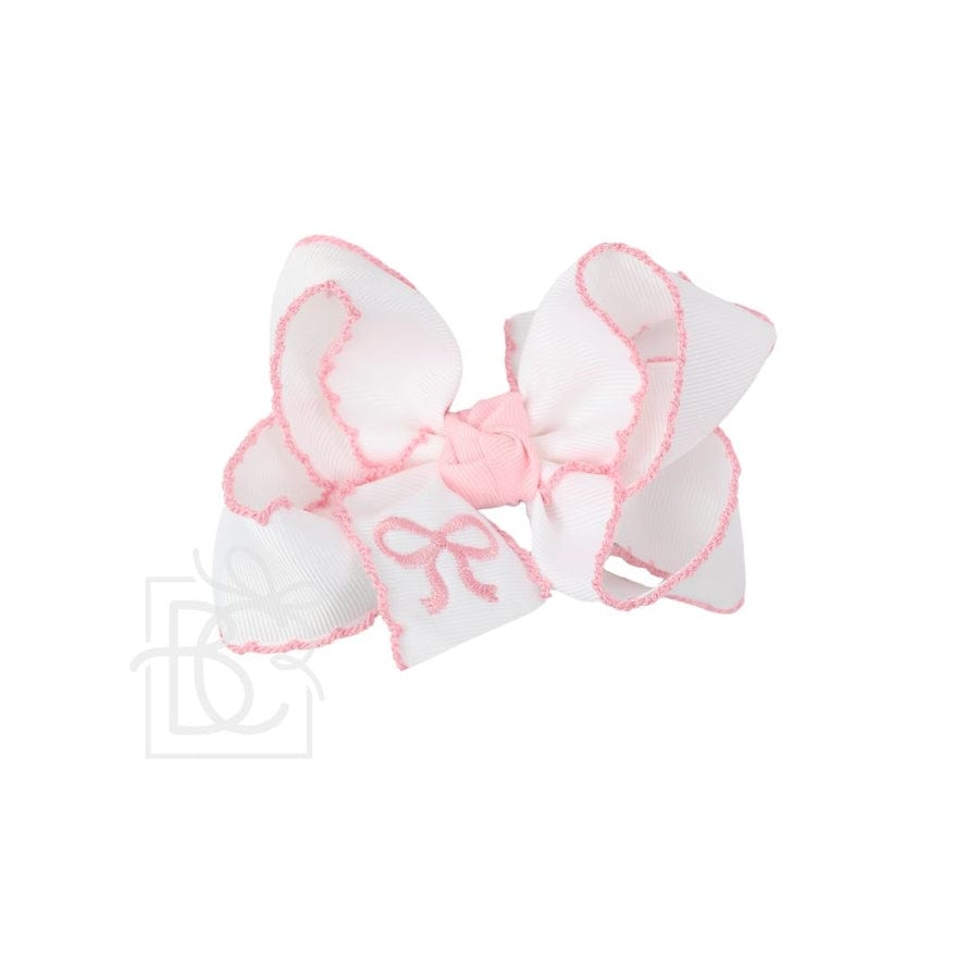 Beyond Creations Embroidered Bow Crochet Edge Hair Bow On Alligator Clip White with Light Pink Crochet Edge & Light Pink Embroidered Bow - Little Miss Muffin Children & Home
