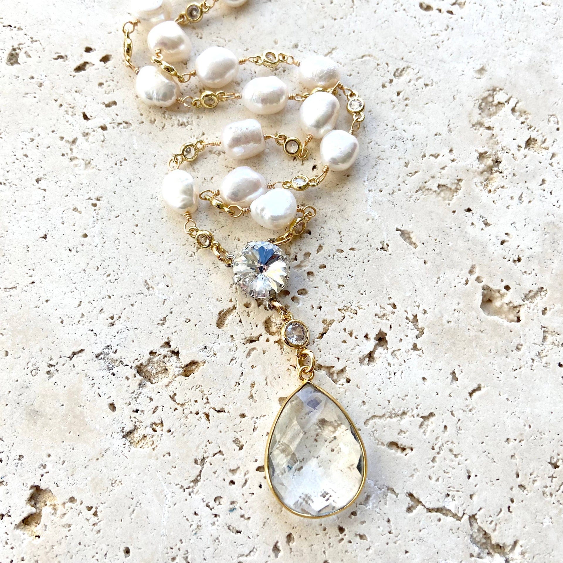 VB&CO Designs Handmade Jewelry VB&CO Pearl Necklace with Crystal Quartz Pendant Gold Boutique - Little Miss Muffin Children & Home