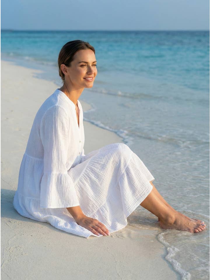 White 3/4 Sleeves Gauze Cotton Italian Short Dress