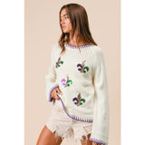 Ive Mardi Gras Sequin Fleur de Lis Sweater