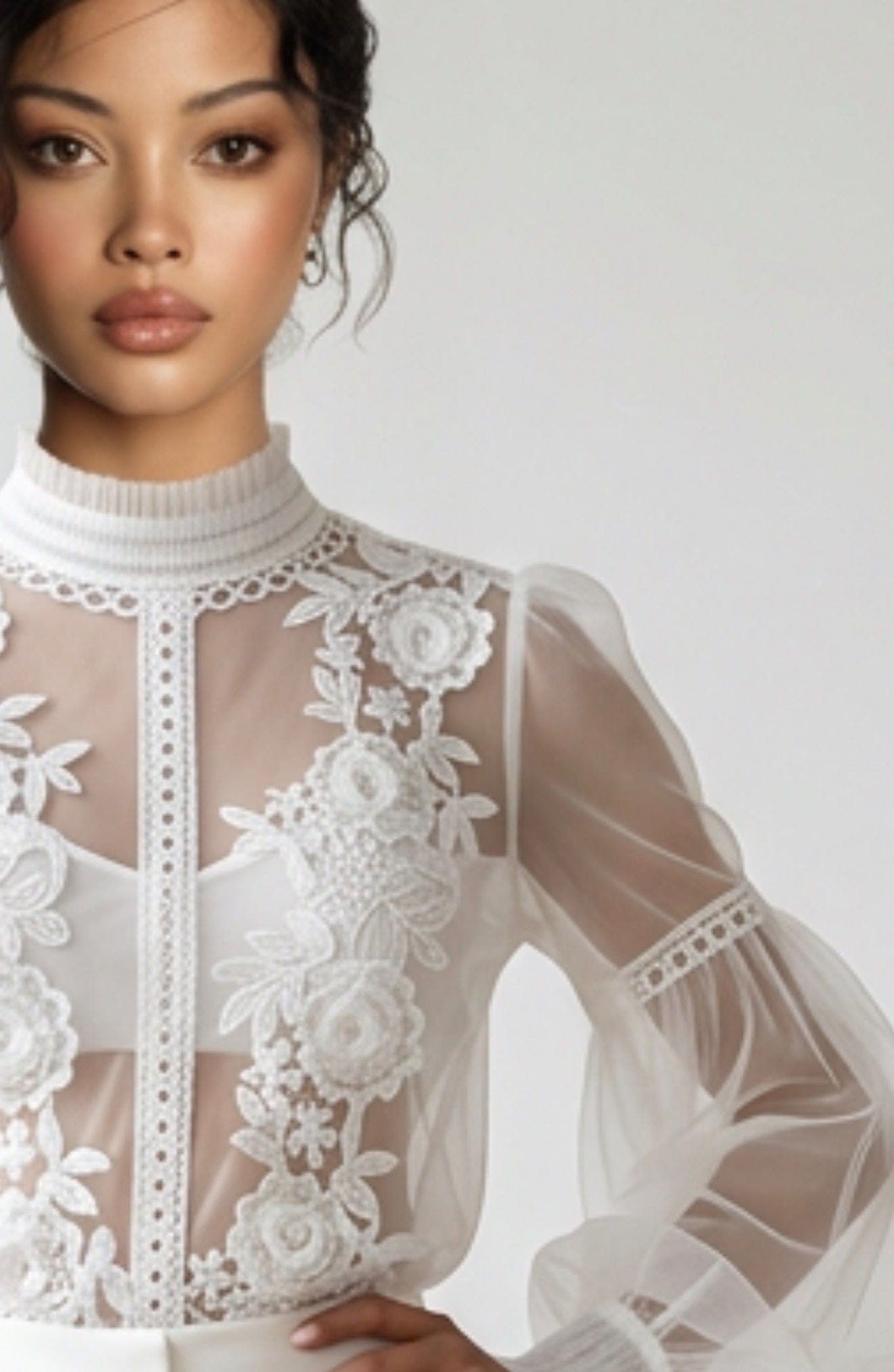 Sheer Vintage Mesh Balloon Sleeve Top with Cami in White