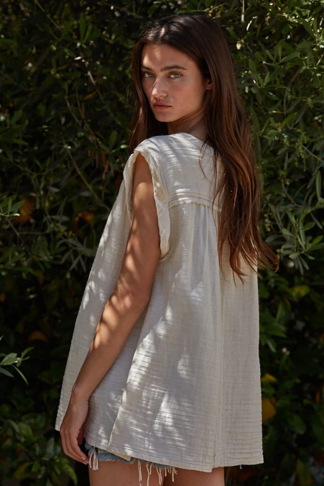 Natural Woven Cotton Polyester V-Neck Tie Strap Top