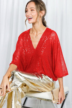 Vine & Love Allover Sequin V-Neck Dolman Sleeve Blouse in Red