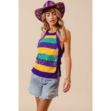 Ive Mardi Gras Stripe Tank Sweater with Clear Sequins