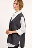 La Miel Oversized Knit Deep V-Neck Sweater Vest in Black Sesame