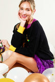 Vine & Love Mardi Gras Contrast Letter Sweater in Black