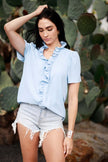 Cezele Cezele Short Sleeve Ruffle Blouse in Blue - Little Miss Muffin Children & Home