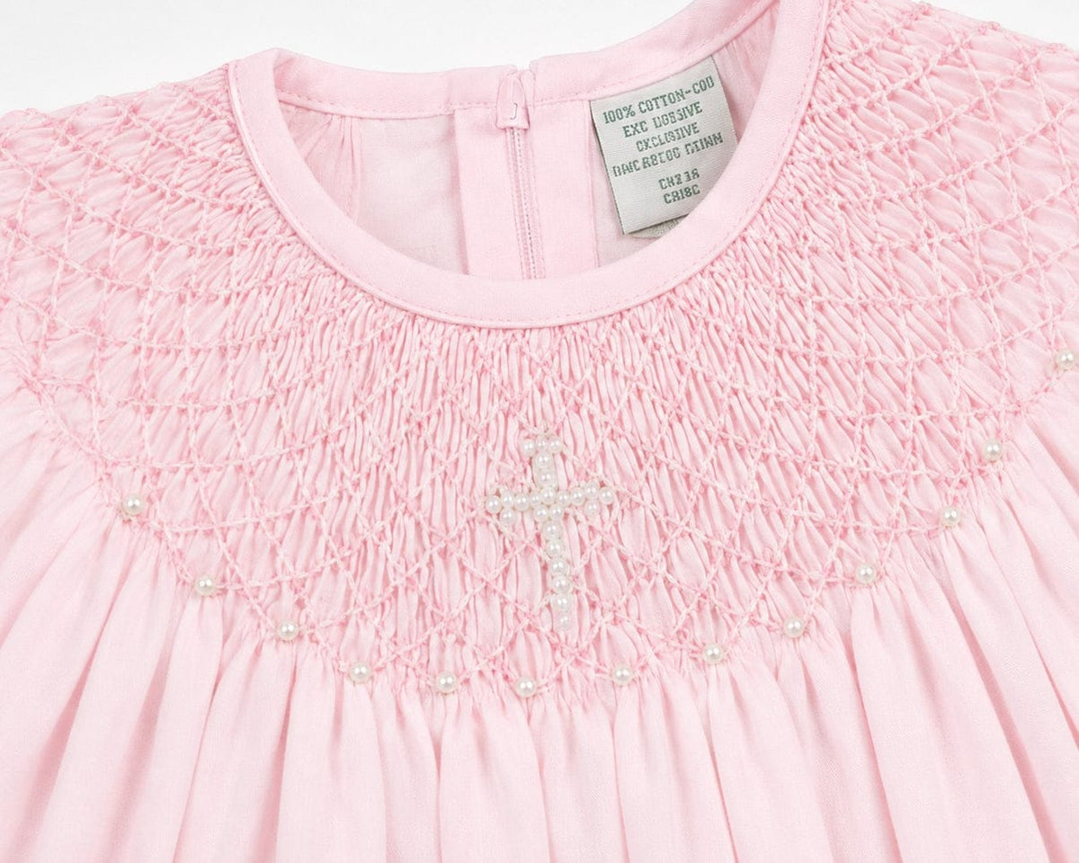 Baby Girl Hand Smocked with Pearl Cross Pink Christening Bishop Dress with Bonnet – Carriage Boutique