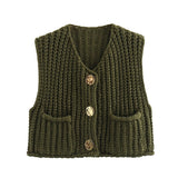 Rosa Clothing Knit Cardigan Gilet With Pocket in Olive