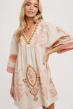 Bluivy Boho Embroidered Babydoll Dress, Pink