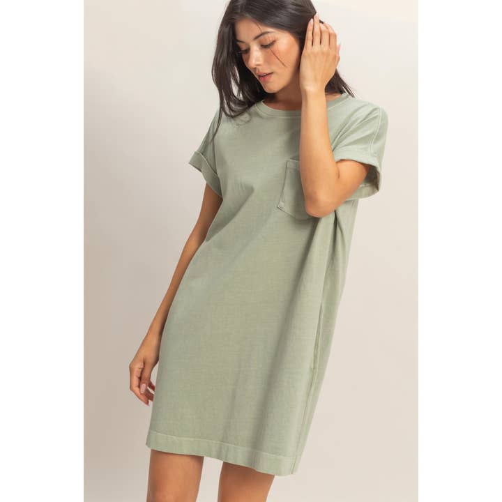 Double Zero Short Sleeve T-Shirt Dress with Side Pockets in Sage Green - Little Miss Muffin Children & Home