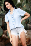 Cezele Short Sleeve Ruffle Blouse in Blue