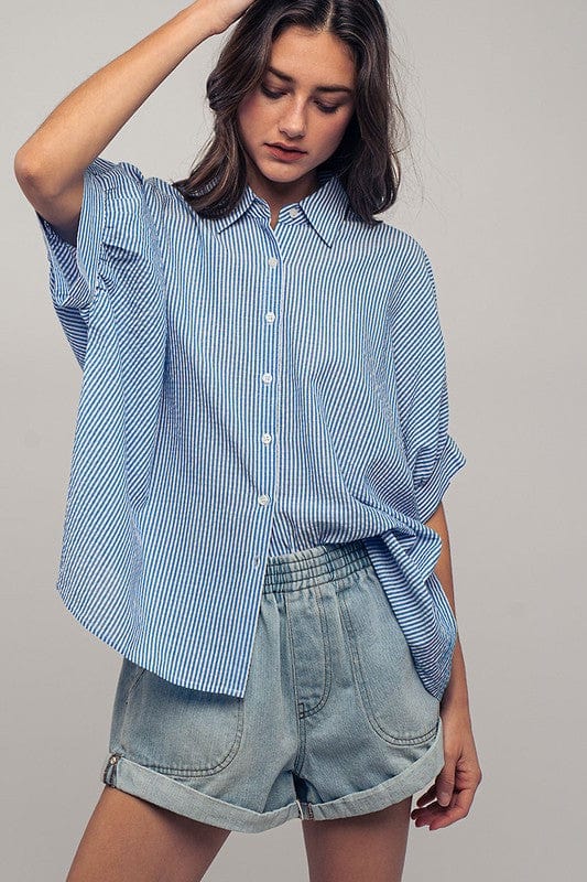 Urban Daizy Urban Daizy Boxy Pinstriped Cuff Shirt in Blue & White - Little Miss Muffin Children & Home