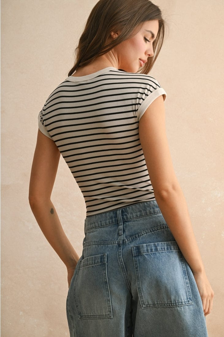 Miou Muse Ribbed Striped Cap Sleeve Bodysuit in Stone/Black - Little Miss Muffin Children & Home