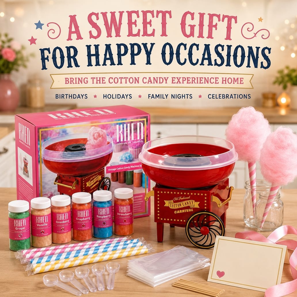 KHEN red vintage cotton candy maker with gold-tone accents and decorative wheels