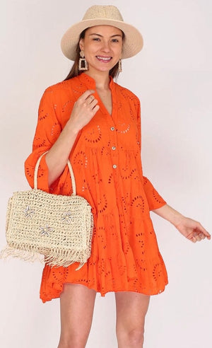 Loowie English Embroidered Short Dress with Billowy Sleeves in Orange