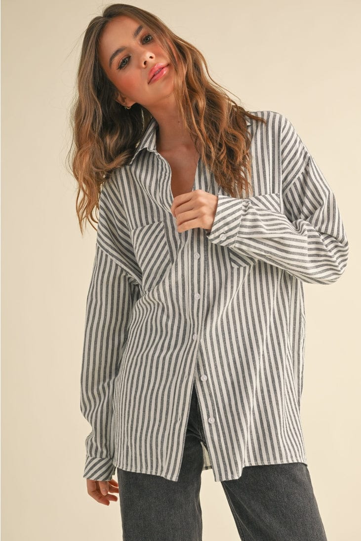Miou Muse Striped Button Down Boyfriend Shirt in Navy - Little Miss Muffin Children & Home