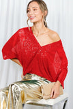 Vine & Love Allover Sequin V-Neck Dolman Sleeve Blouse in Red