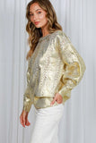 Vine & Love Crew Neck Cable Knit Metallic Foil Sweater in Gold