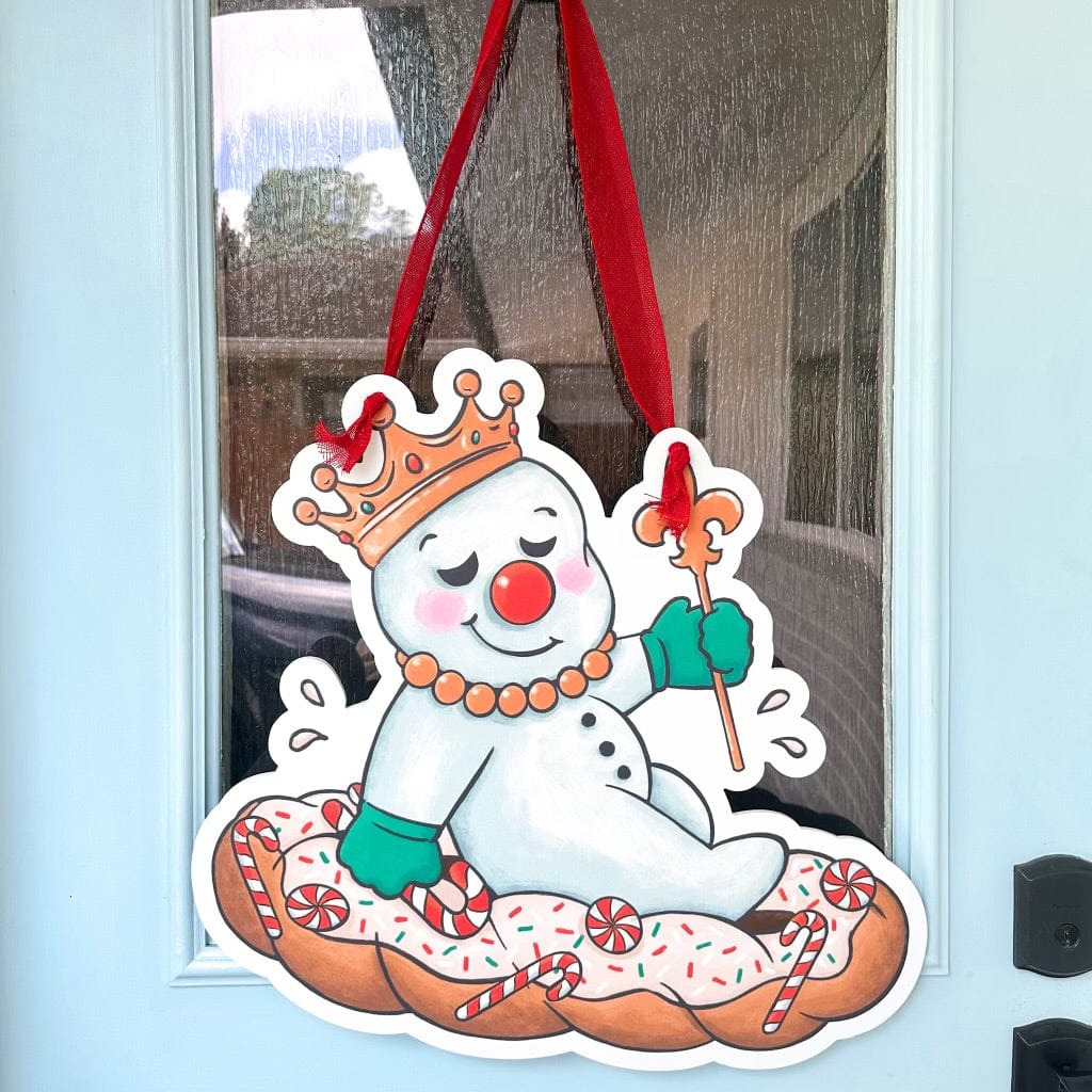 Mr jingle on a king cake door hanger 