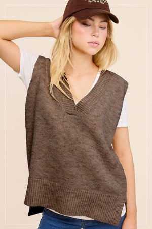 La Miel Oversized Knit Deep V-Neck Sweater Vest in Brownie