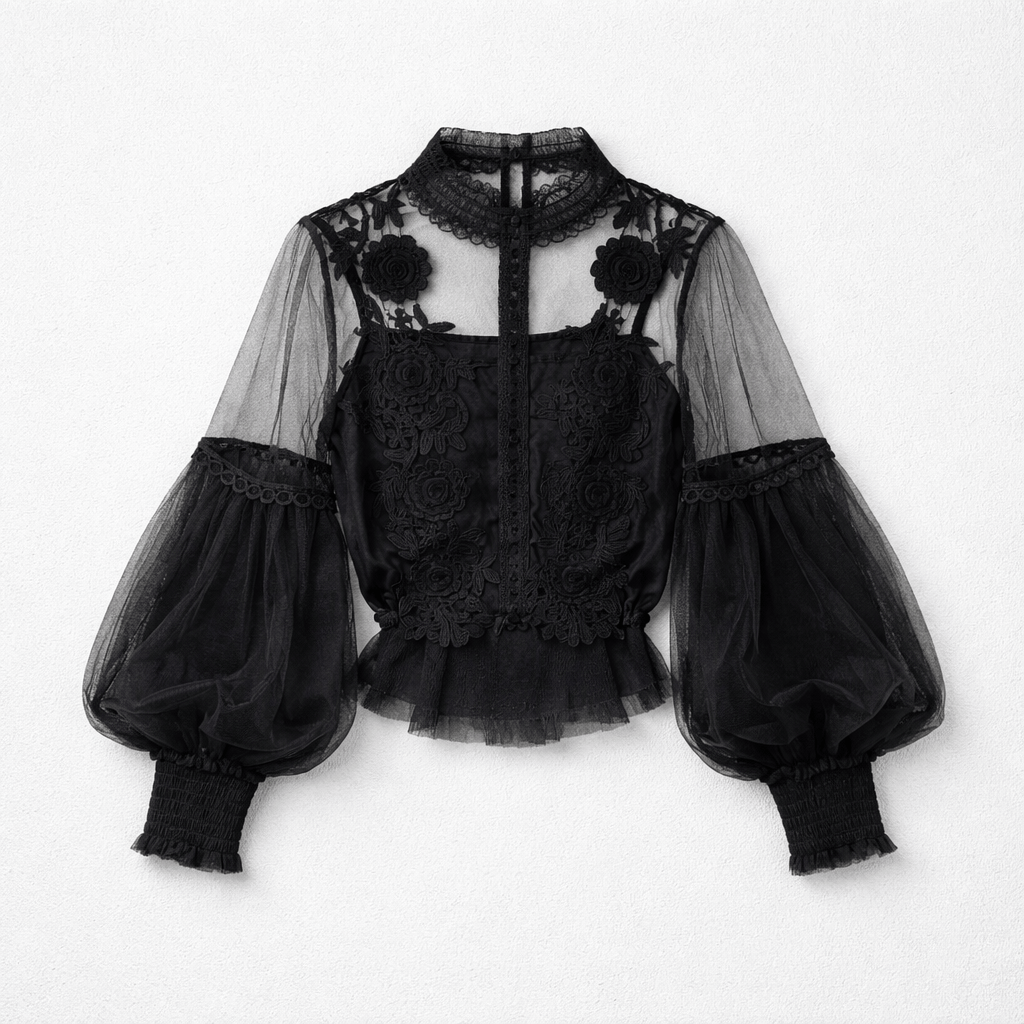 Sheer Vintage Mesh Balloon Sleeve Top with Cami in Black
