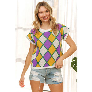 Mardi Gras Diamond Check Cap Sleeve Sweater