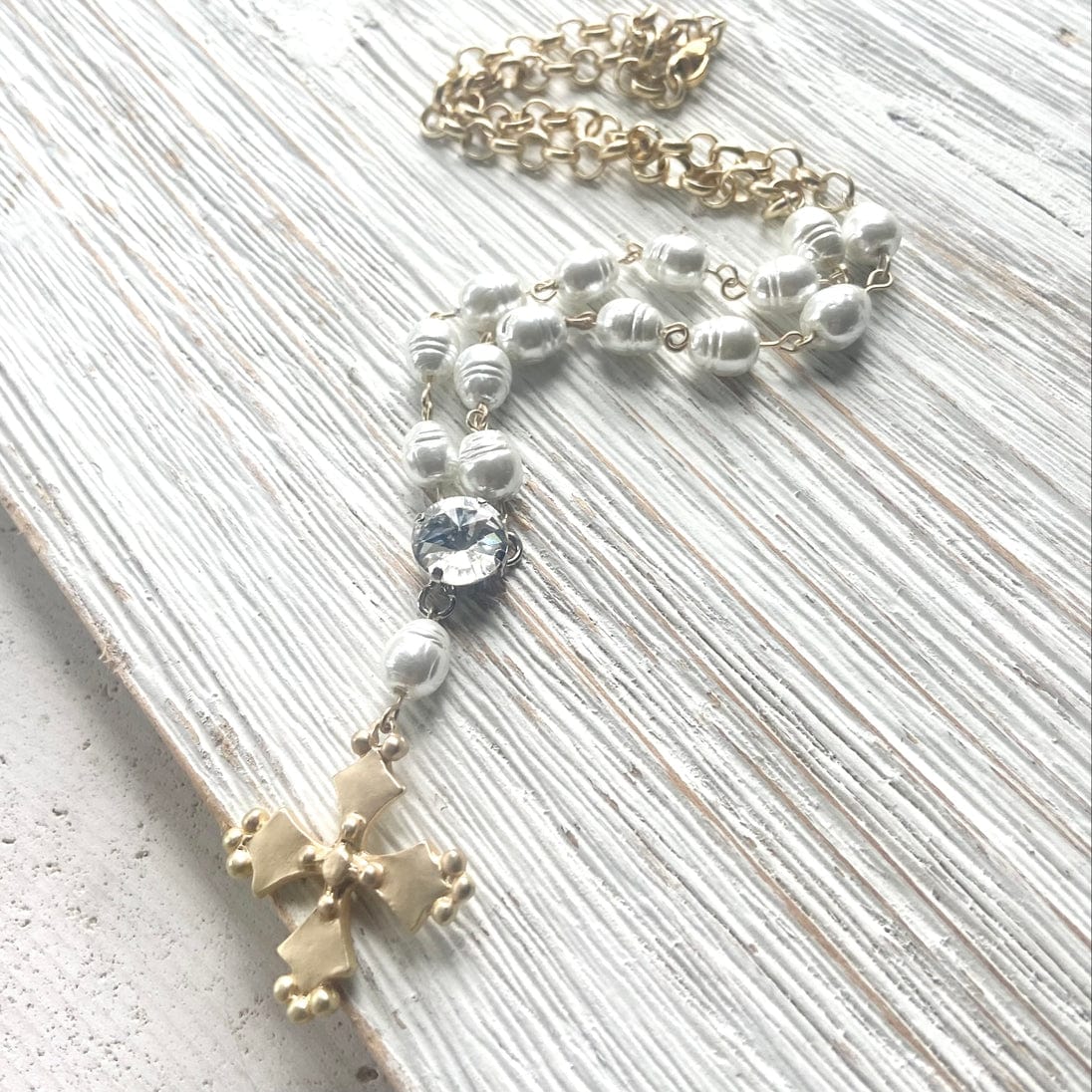 VB&CO Designs Handmade Jewelry Short Cross Pearl Necklace French K Vintage Jewlery, Matte gold - Little Miss Muffin Children & Home