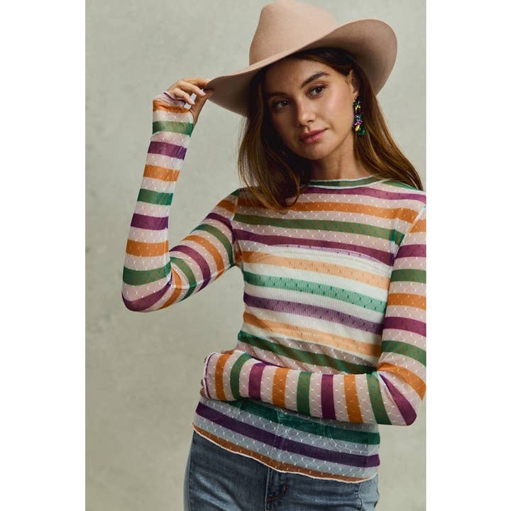 Mardi Gras Stripe Stretch Mesh Top