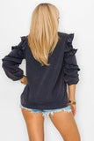 Cezele Ruffle Sleeve French Terry Sweatshirt in Navy