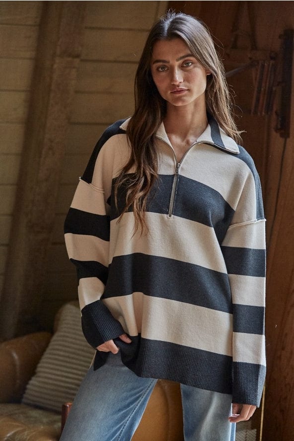By Together Knit Striped Half Zip Oversized Turtleneck Top - Little Miss Muffin Children & Home