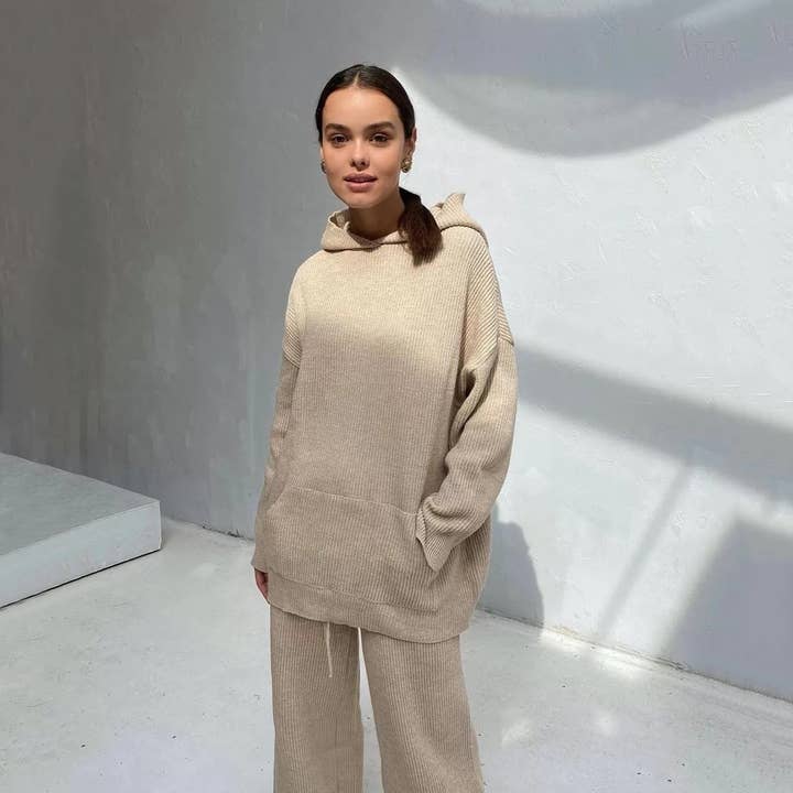 Apricot Solid Color Hoodie Top and Pant Set Sweater Set