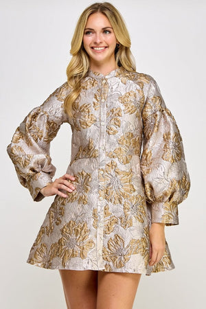 Ellison Long Sleeve Shimmer Jacquard Dress Gold