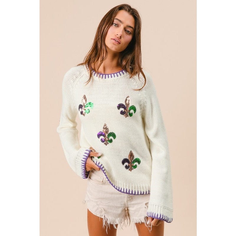 Ive Ive Mardi Gras Sequin Fleur de Lis Sweater - Little Miss Muffin Children & Home