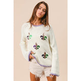 Ive Mardi Gras Sequin Fleur de Lis Sweater