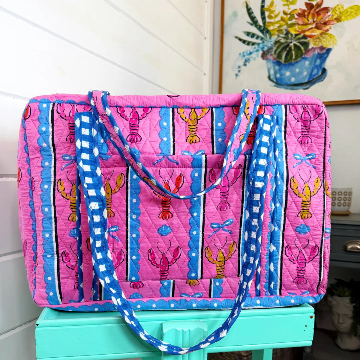 Pink Lobster Quilted Weekender Duffle Bag
