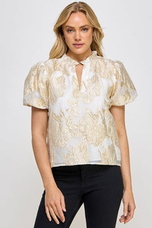 Ellison Gold Foiled V-Neck Puff Sleeve Top Gold