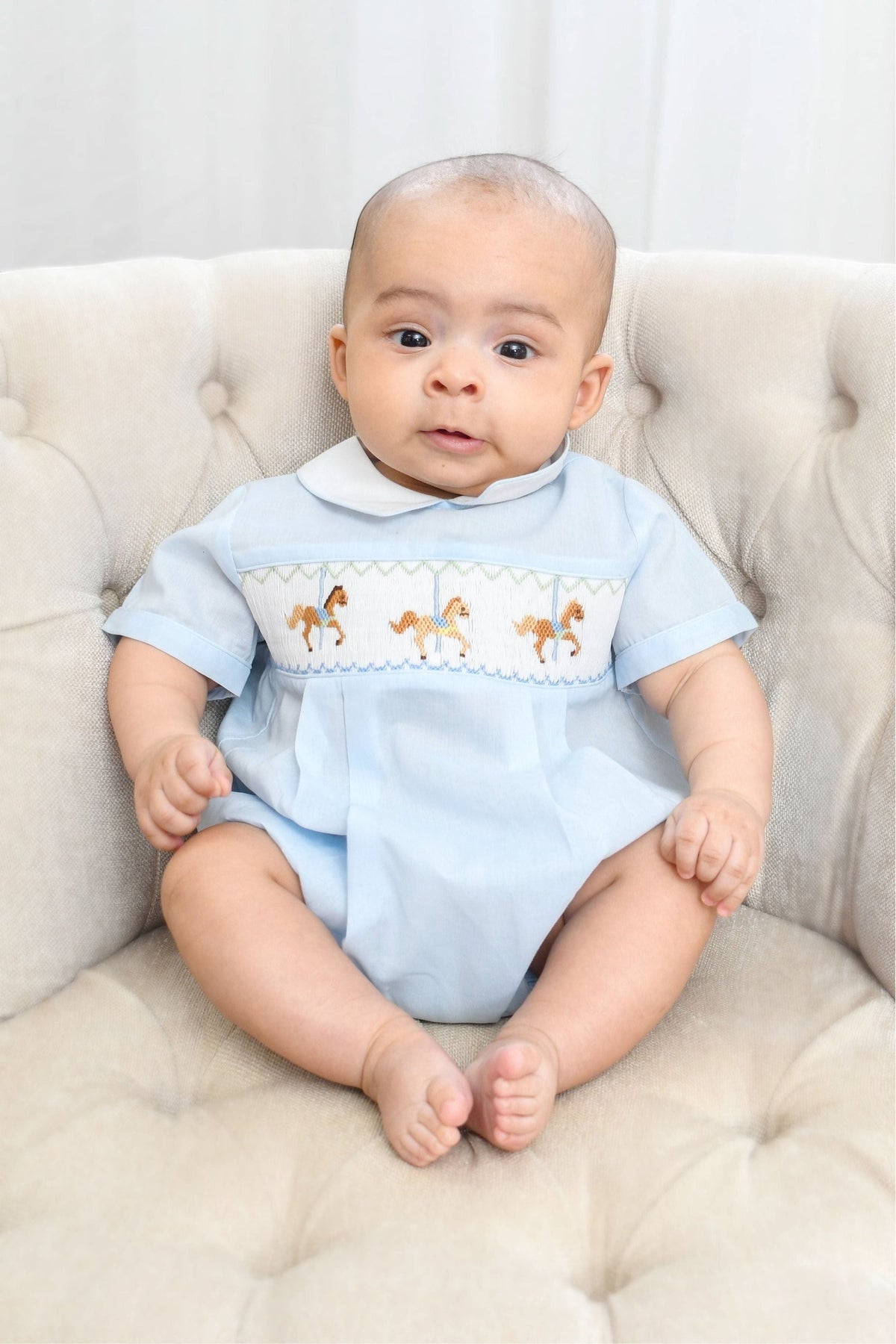 Boys Hand Smocked Light Blue Carousel Horse Classic Creeper Bubble Romper