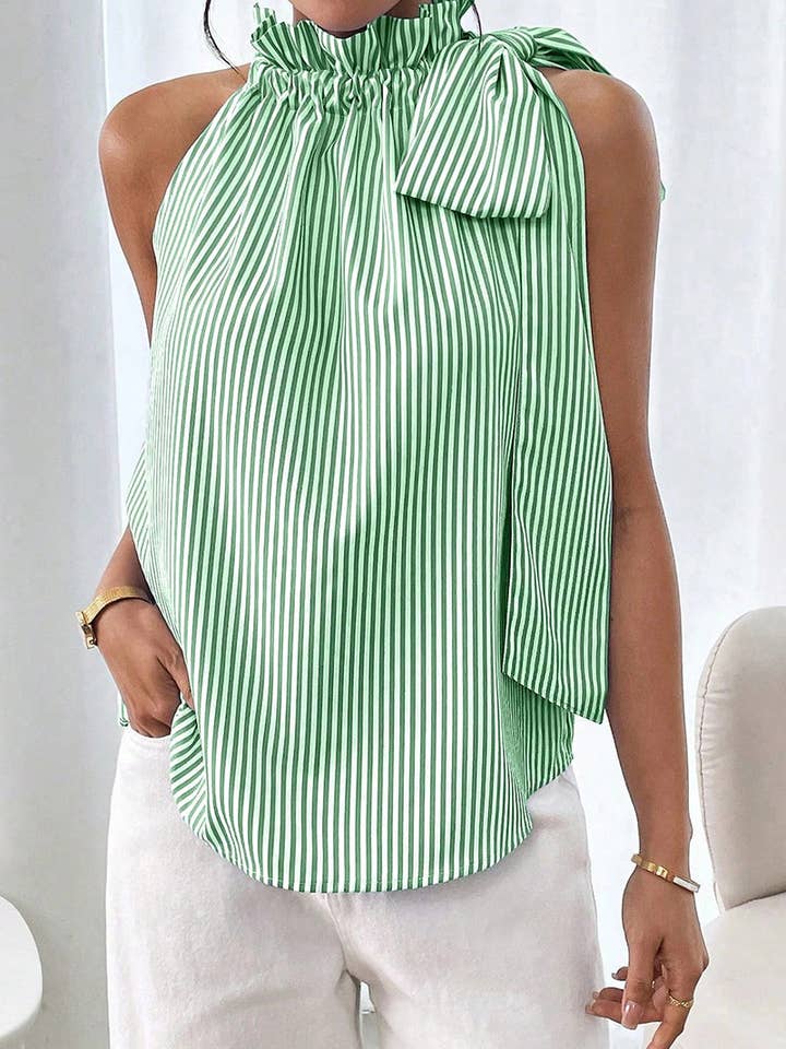 Striped Ruffle Neck Halter Tie Tank, 3 Colors Available